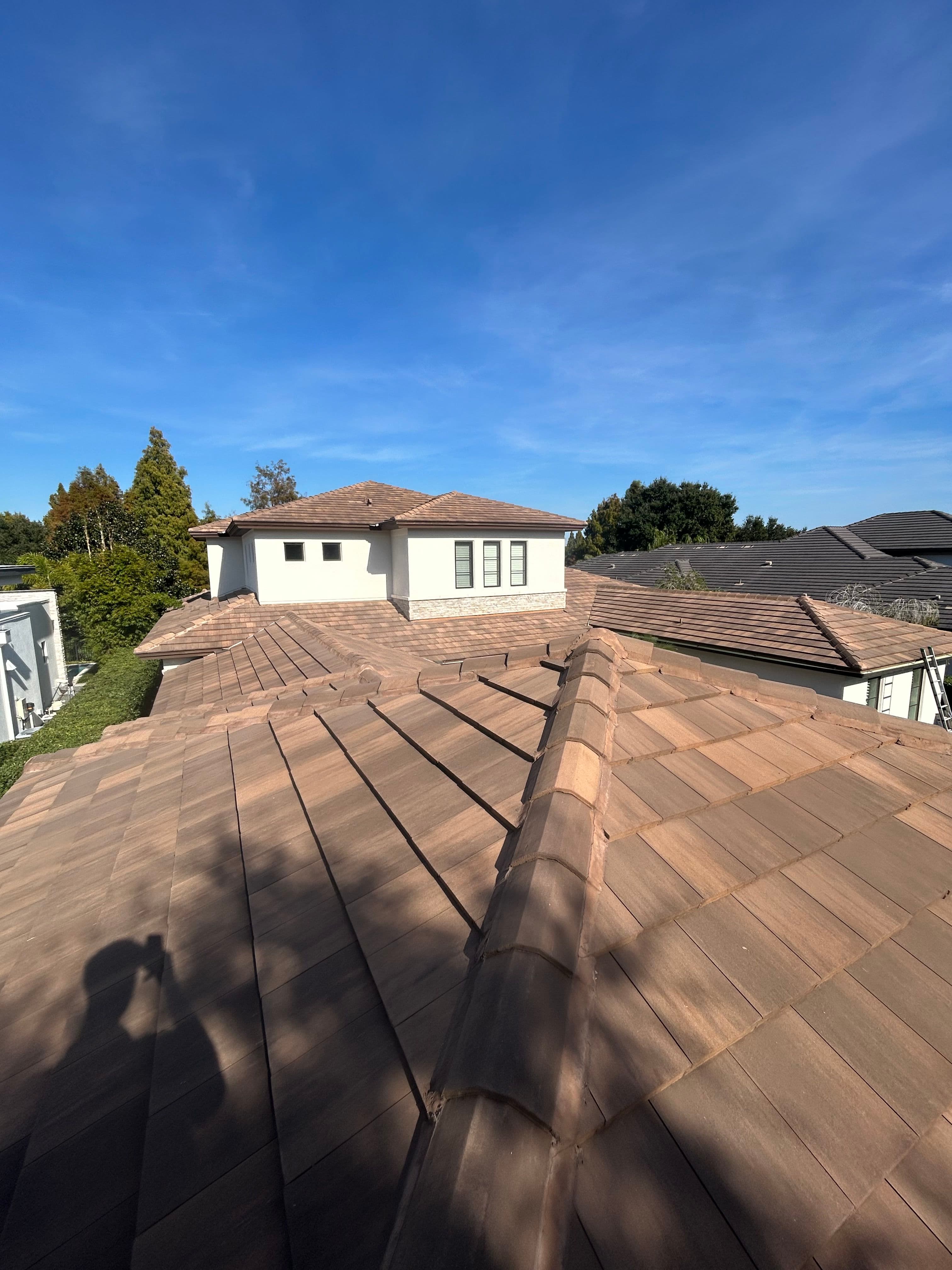 Roof with terracotta tiles under a clear blue sky and surrounding greenery.